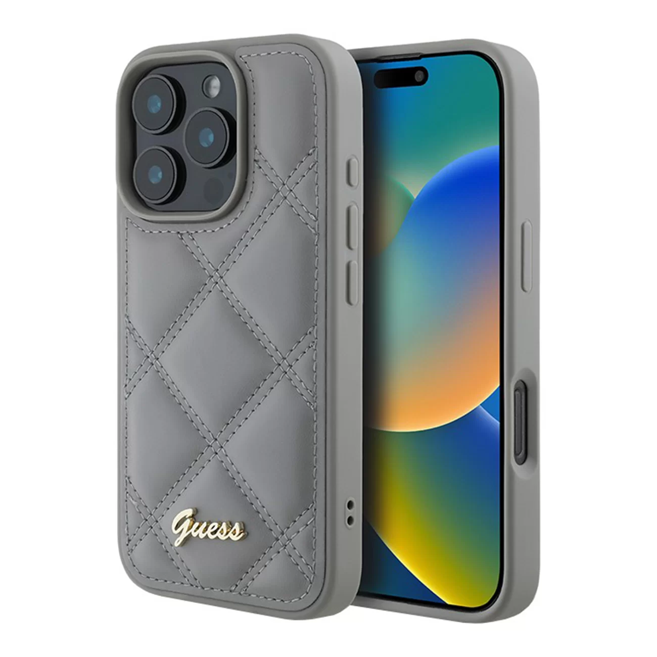 Чехол Guess PU Quilted with Script Metal Logo Hard Grey для iPhone 16 Pro