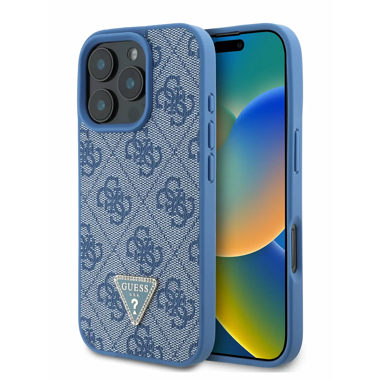 Чехол Guess PU 4G Triangle Diamond Metal Logo Hard Blue для iPhone 16 Pro Max