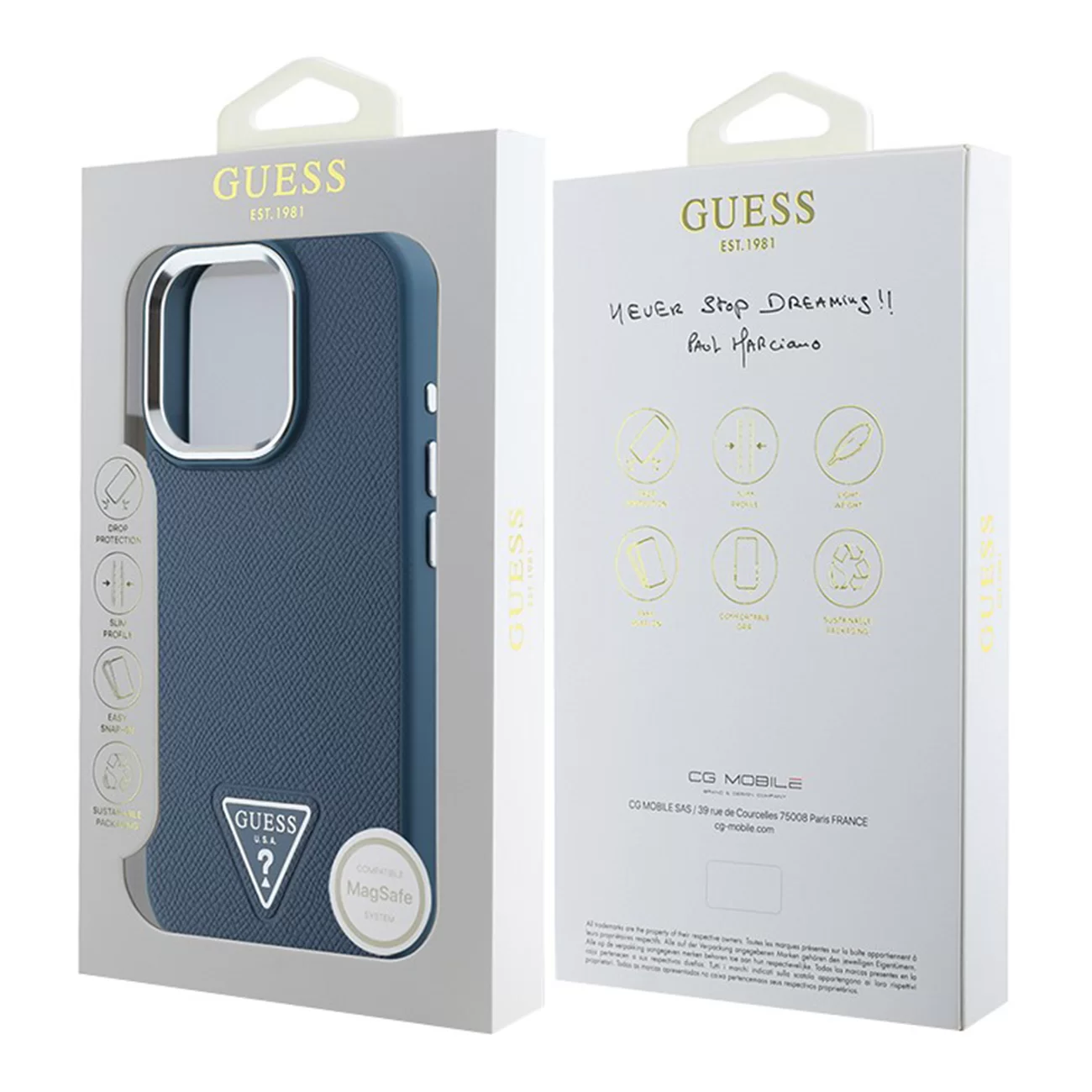 Чехол Guess PU Grained Leather Triangle Metal Logo Hard Blue (MagSafe) для iPhone 16 Pro Max
