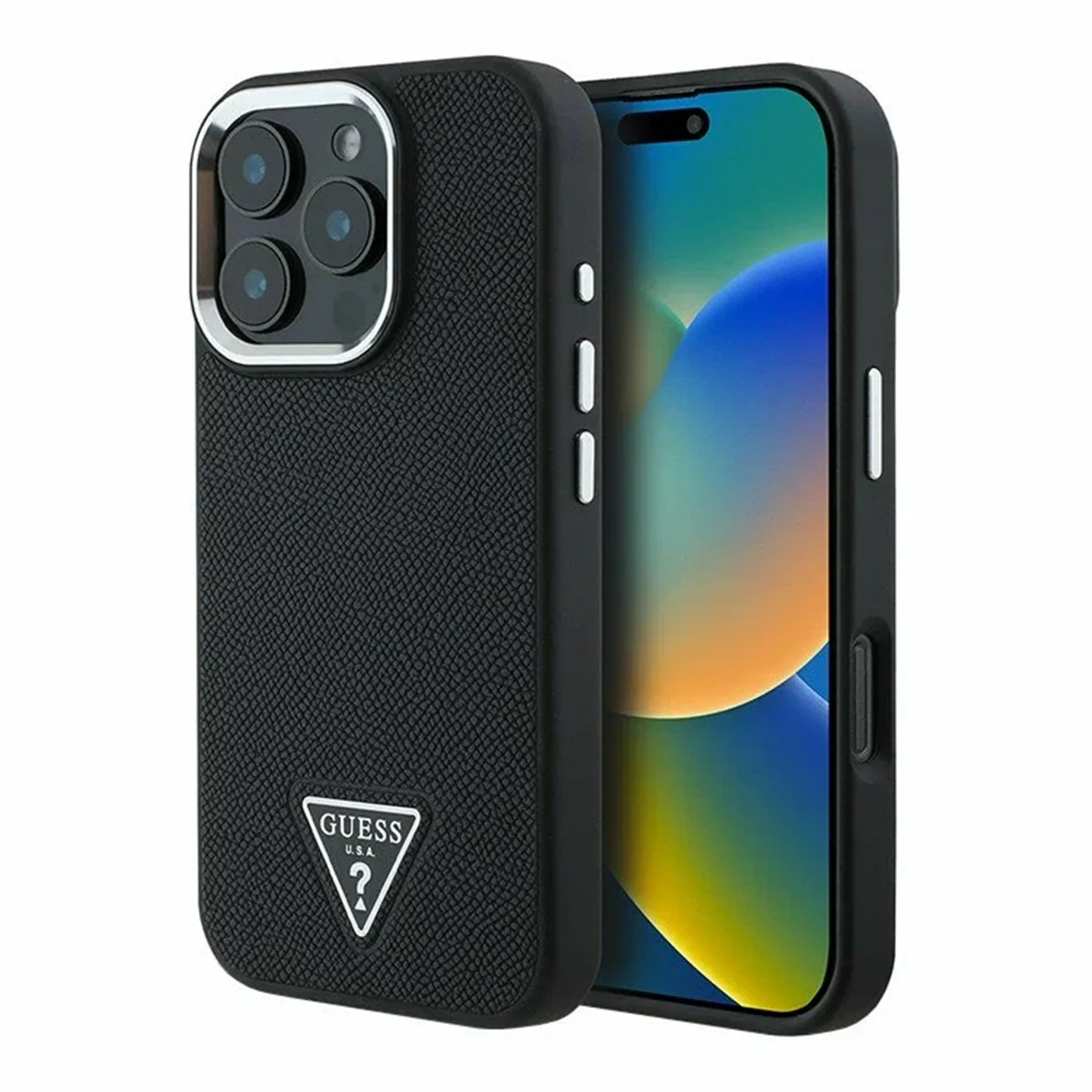 Чехол Guess PU Grained Leather Triangle Metal Logo Hard Black (MagSafe) для iPhone 16 Pro