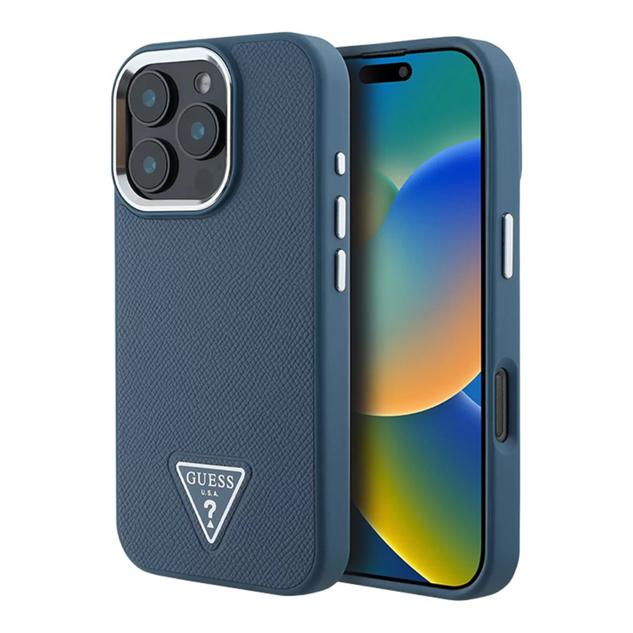 Чехол Guess PU Grained Leather Triangle Metal Logo Hard Blue (MagSafe) для iPhone 16 Pro Max