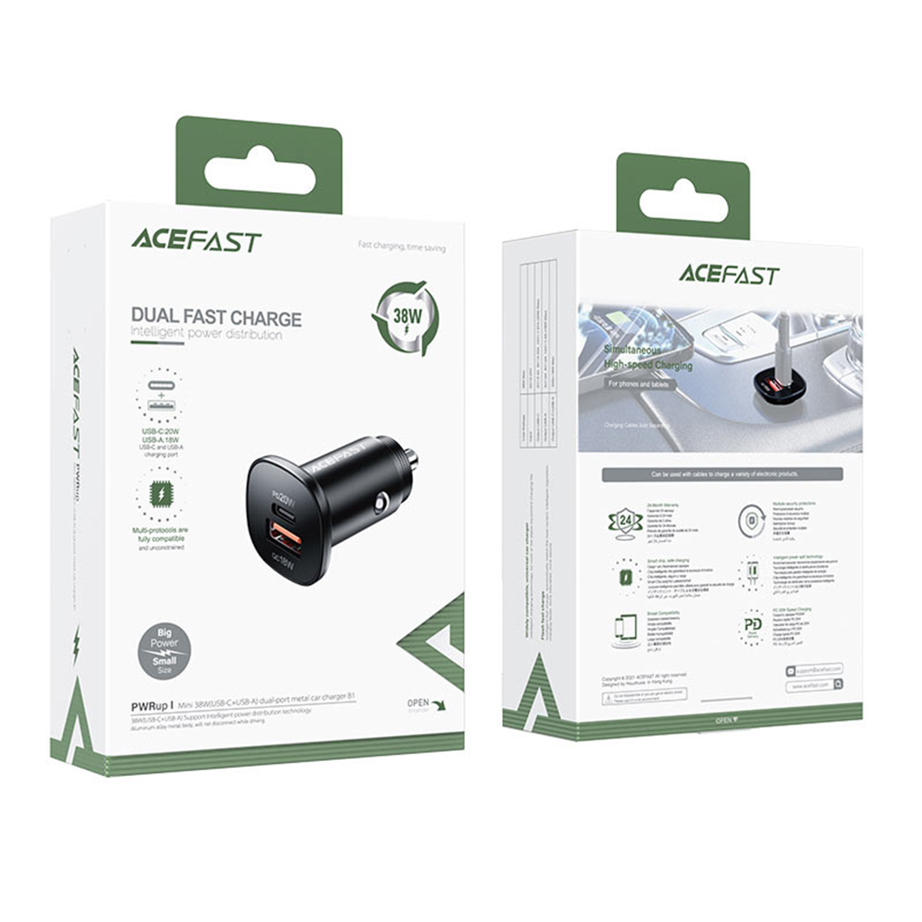 Автомобильное зарядное устройство AceFast Type-C + USB 38 Вт B1